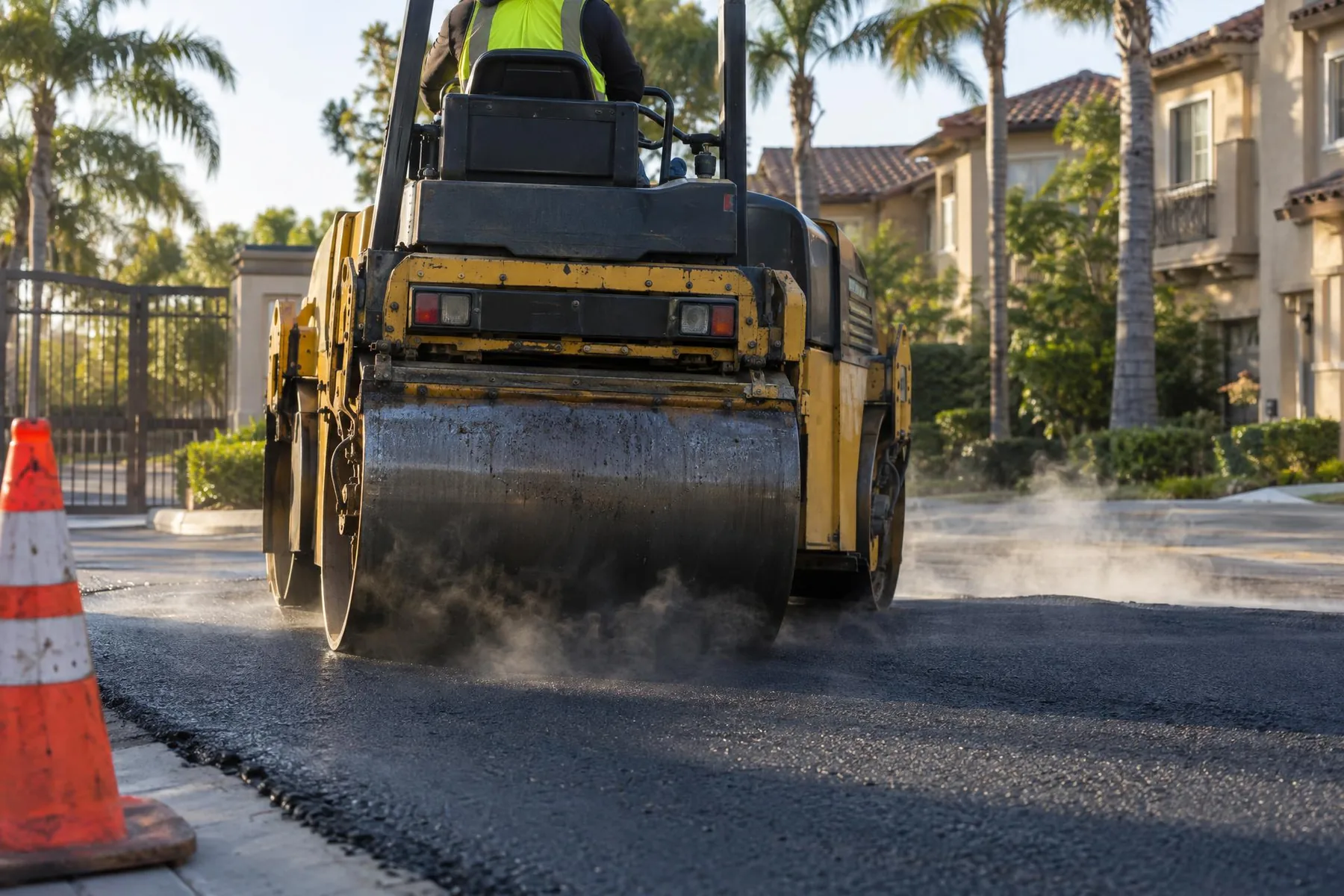 Steel-drum roller compacting fresh asphalt on a residential community street with cones and palms