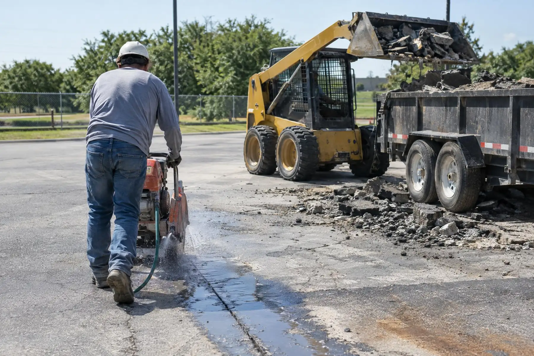 Worker running a cut-off saw along worn asphalt while a skid steer loads broken pieces into a trailer